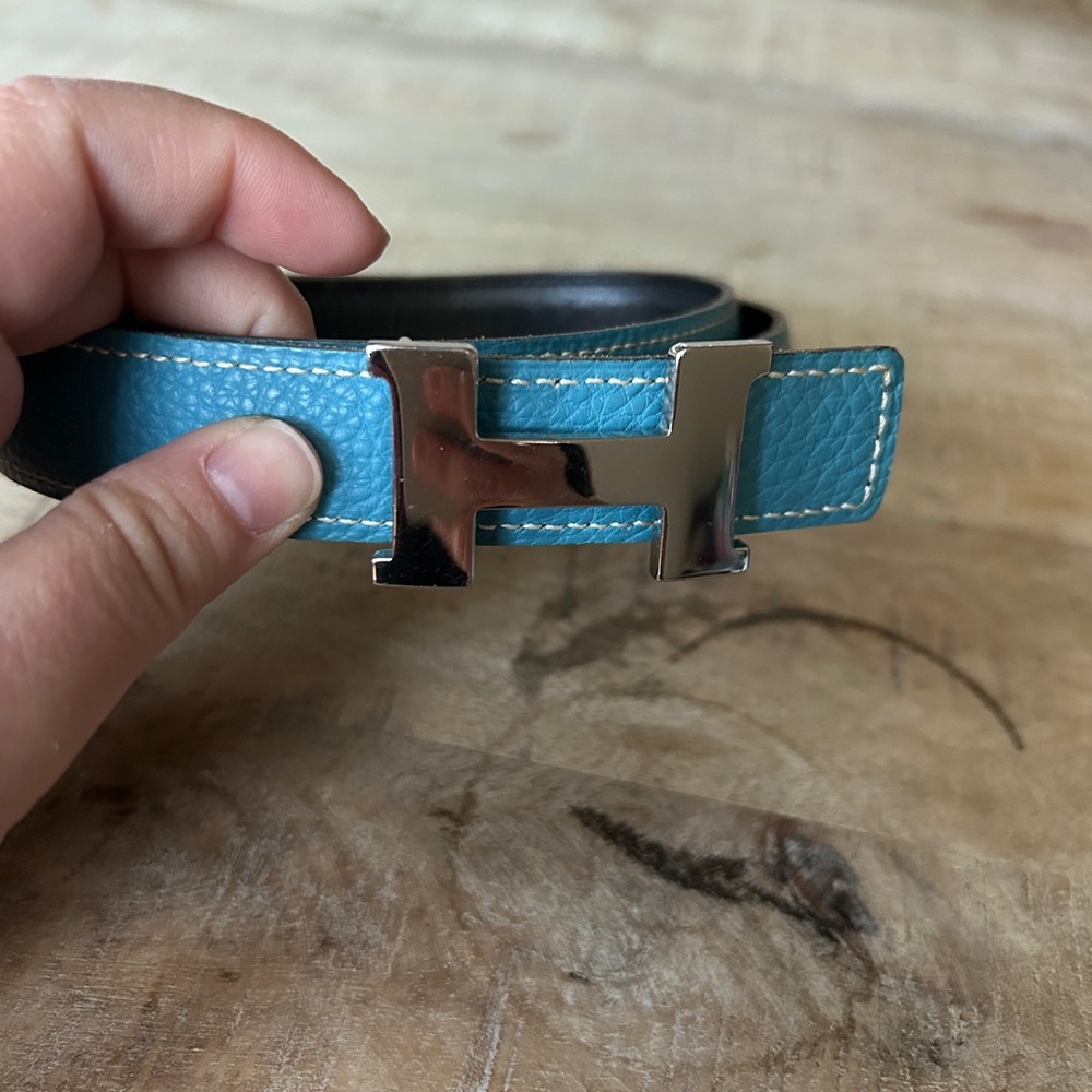 Hermès Blue Leather Belt with Silver Buckle